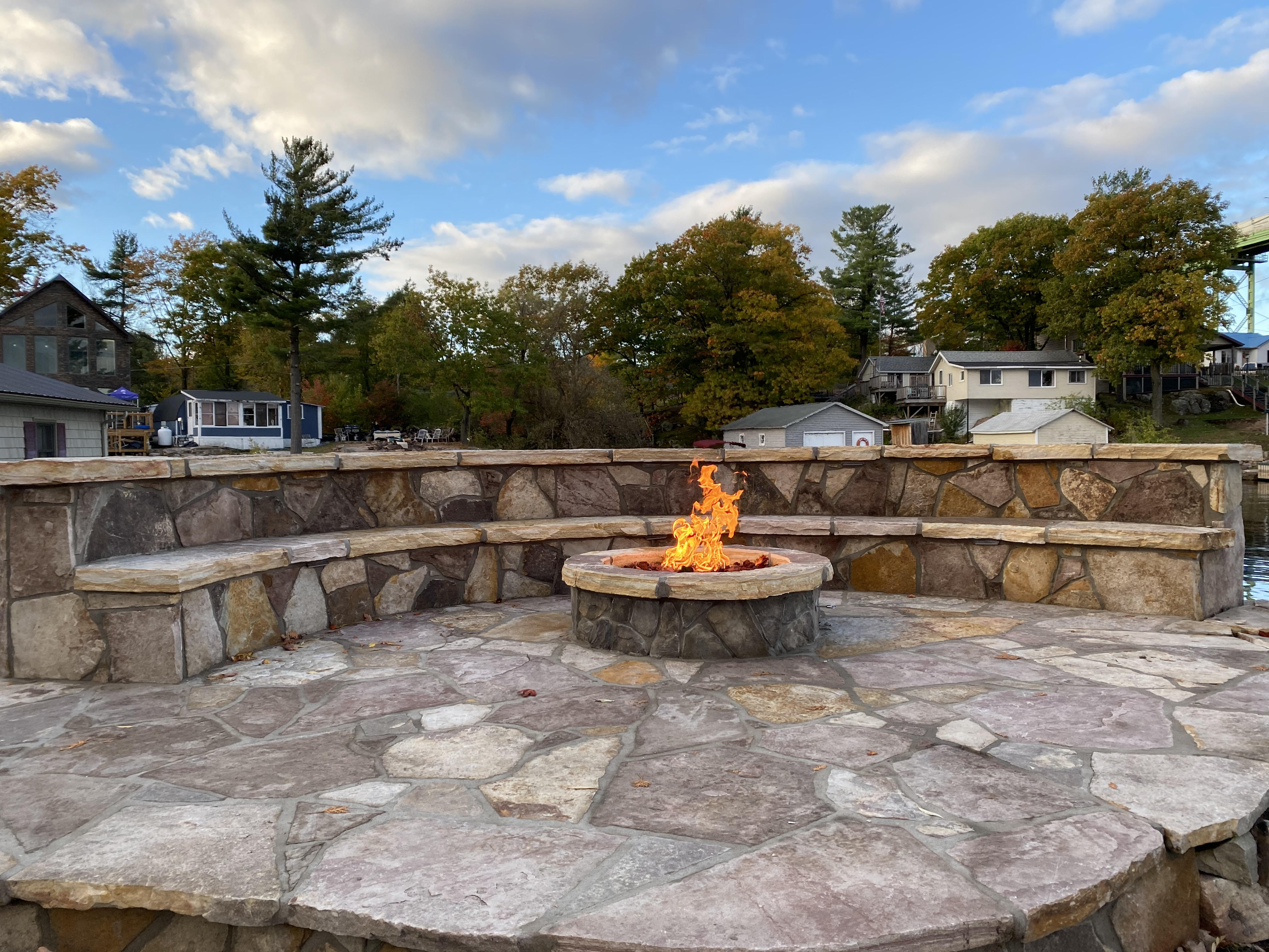 Sandstone Bench Gas Fire Pit Flagstone Patio